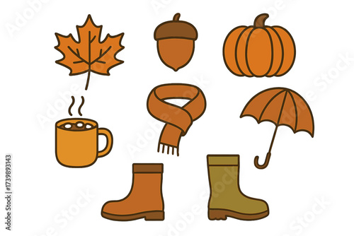 Set of essential autumn season elements: pumpkin, maple leaf, hot drink, scarf, and rain boots