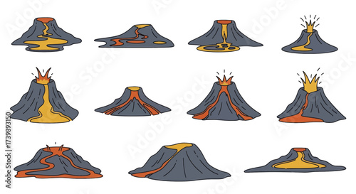 Vector set of cartoon volcano icons with lava eruption and flow.