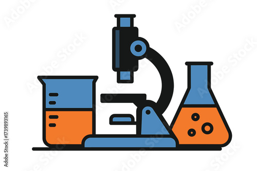 Scientific laboratory equipment set featuring a microscope, beaker, and flask for chemistry and biology research