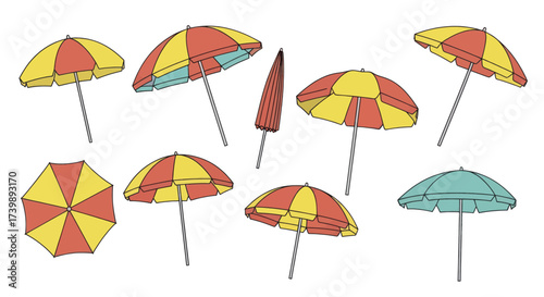 Set of colorful beach umbrellas illustrated from various angles.