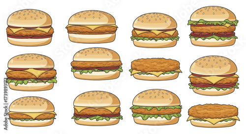 Set of cartoon chicken burgers and sandwiches illustration.