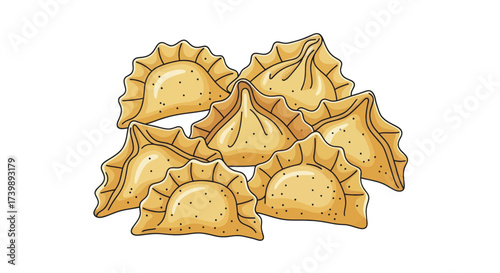 Assortment of delicious fried dumplings like gyoza and momos cartoon illustration.