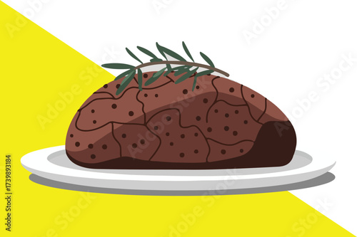 A rich chocolate dessert sits on a white plate decorated with greenery