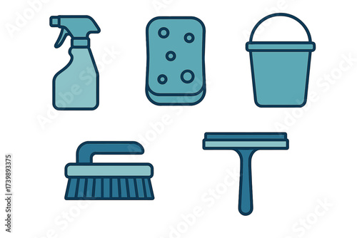 Set of essential household cleaning supplies including spray bottle sponge bucket brush and squeegee