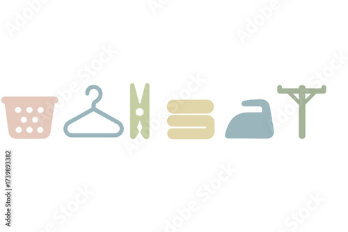 Minimalist set of laundry items including basket hanger clothespin folded towels and iron