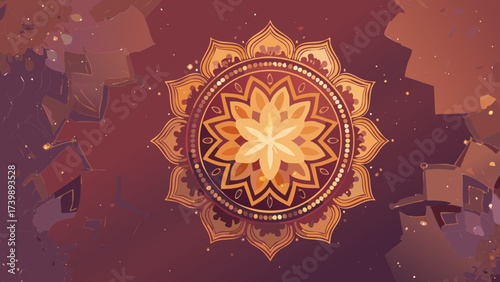 Ornate floral mandala design with intricate detailing and a warm color palette on a dark background