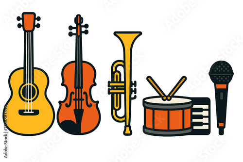 Set of various musical instruments: guitar, violin, trumpet, drum, microphone