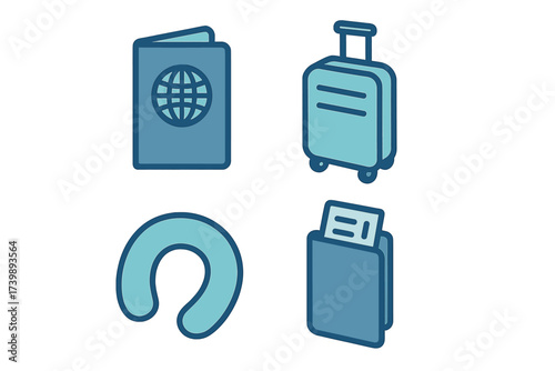 Passport, rolling luggage, neck pillow, and ticket holder for essential travel