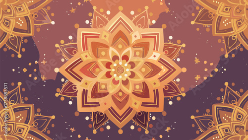 Ornate floral pattern with golden and brown hues on a dark purple and peach colored background design