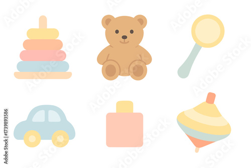 Cute pastel colored baby toys including a teddy bear rattle stacking rings and spinning top