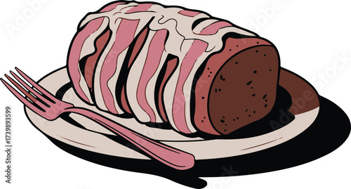 A delicious meatloaf covered in bacon served with a fork on a plate