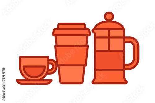 Stylized representation of coffee brewing tools and beverage containers