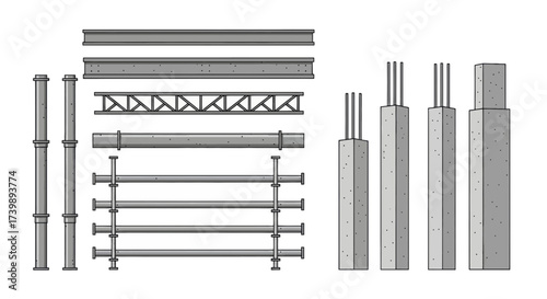 Illustrated Set of Construction Beams Columns and Scaffolding.