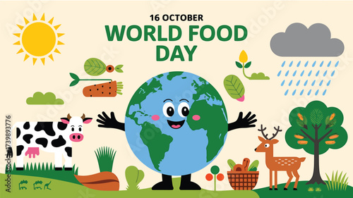 Vector art of world food day celebration with earth character, cow, deer, sun, cloud, and vegetables, promoting global food security and healthy eating