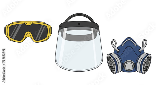 Set of personal protective equipment with goggles face shield and respirator mask.