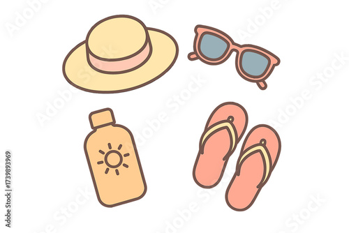 Wide-brimmed hat, protective sunscreen, stylish sunglasses, and comfortable flip-flops for summer vacation