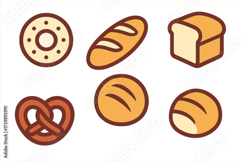 Assortment of fresh baked goods including bagel, baguette, sliced loaf, pretzel, and bread rolls