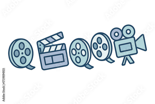 Cinema and movie production symbols set with film reels, clapperboard, and camera icons