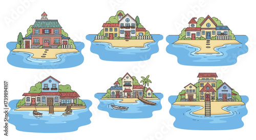 Six different cartoon houses on small sandy islands with water.