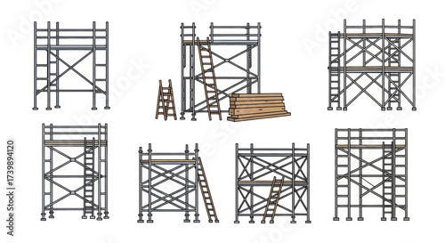 Collection of handdrawn construction scaffolding structures isolated on white background.