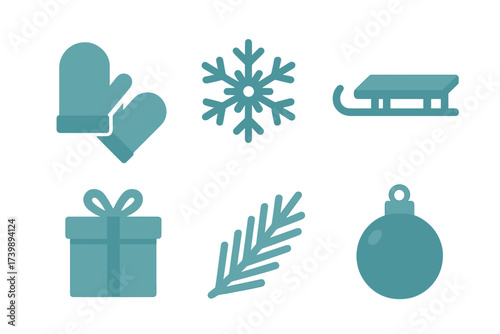 Flat design icons set of winter holiday elements: mittens, snowflake, sled, gift, evergreen branch, and Christmas ornament