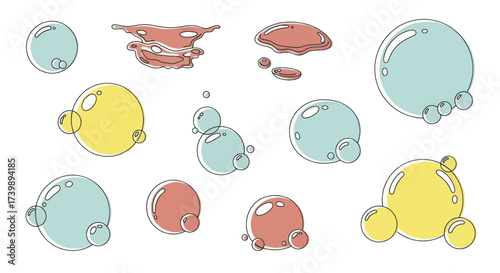 A collection of colorful handdrawn bubbles and liquid puddles.