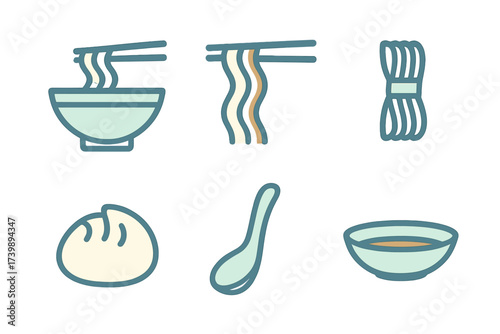 Minimal style collection of Asian food elements: noodles, dumplings, soup, and chopsticks