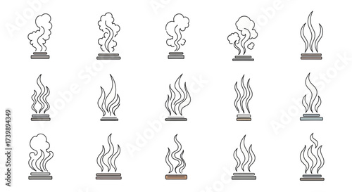 Set of smoke steam and odor line icons on a white background.