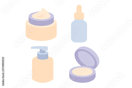 Isometric collection of cosmetic products including face cream jar, dropper bottle, and makeup compact
