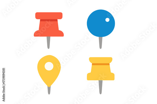Collection of colored push pins and location pointers for maps and bulletin boards