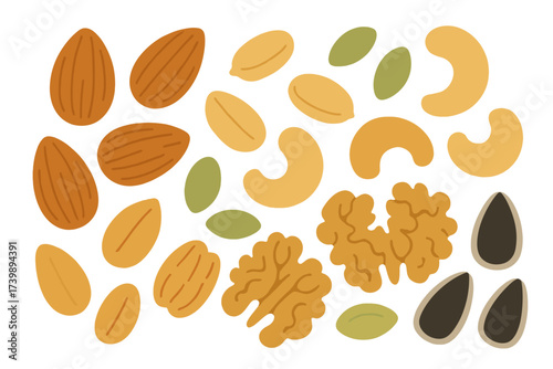 Scattered assortment of healthy nuts and seeds including almonds cashews and walnuts