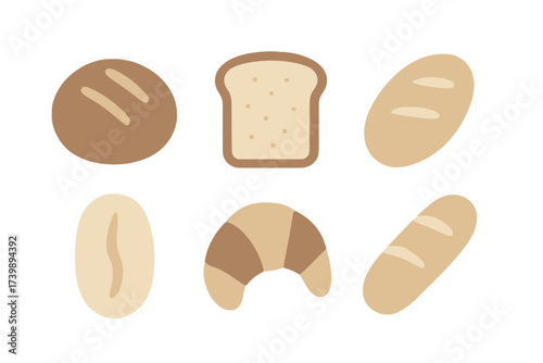 Minimalist set of six different bakery items including sliced toast round loaf and long baguettes