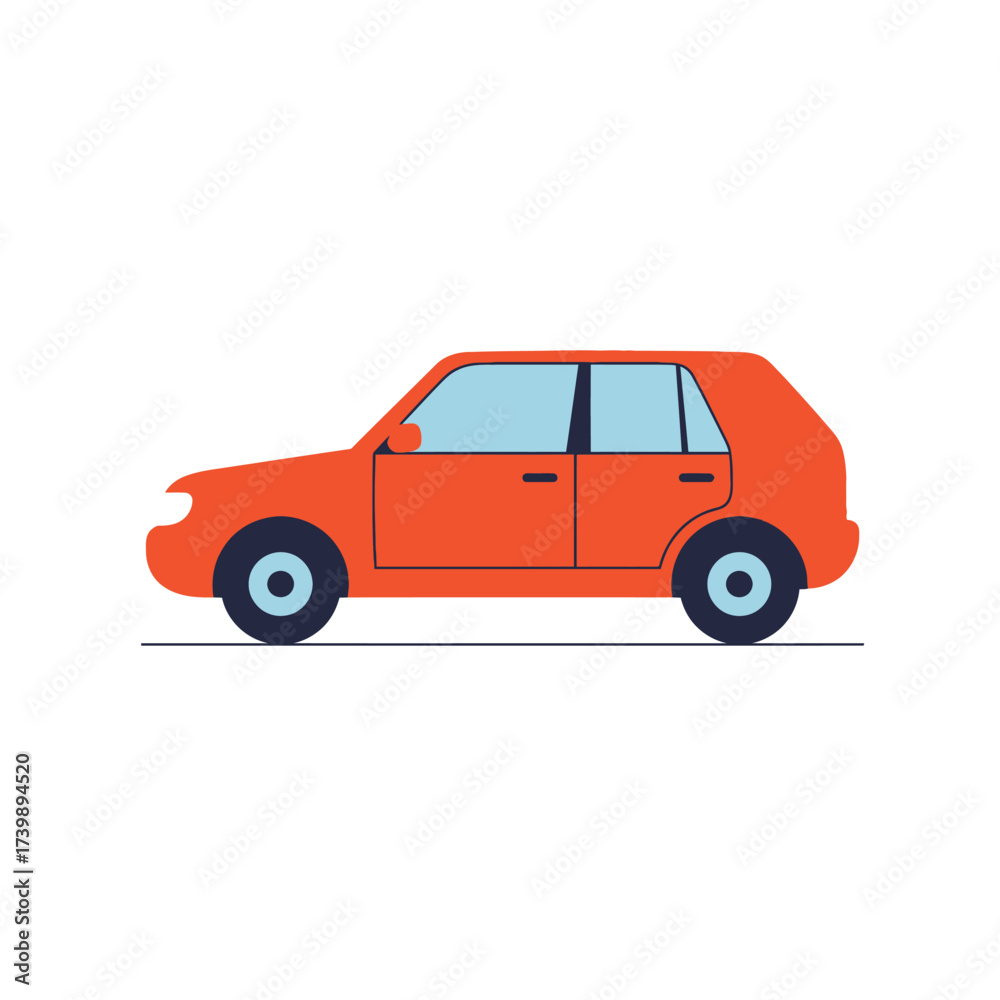 Obraz premium An orange hatchback car with blue tinted windows is depicted in a flat, minimalist vector illustration.