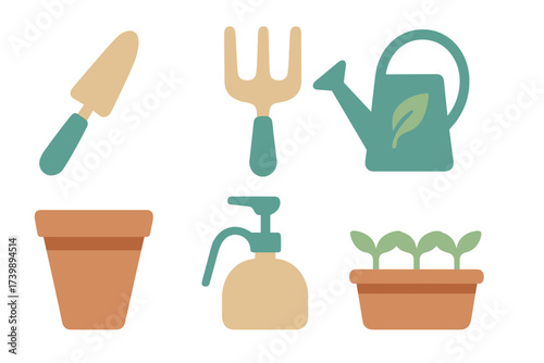 Essential gardening tools set with trowel, fork, watering can, and potted seedlings