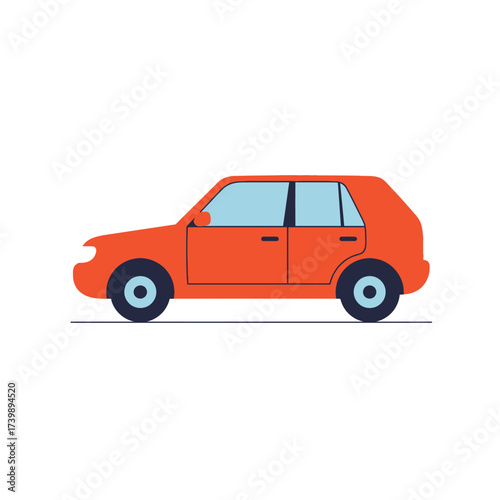 An orange hatchback car with blue tinted windows is depicted in a flat, minimalist vector illustration.