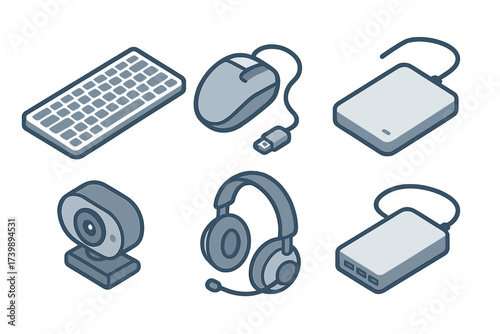 Isometric computer peripheral icons set featuring keyboard mouse headset and storage devices