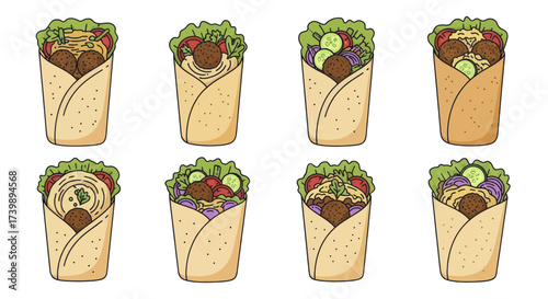 Set of eight delicious falafel wraps with fresh vegetables and hummus.