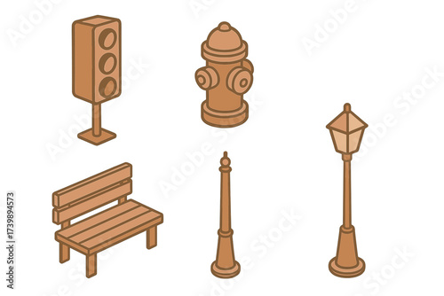 Isometric urban infrastructure elements set: traffic light, fire hydrant, park bench