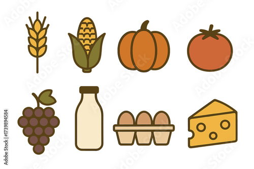 Collection of essential farm fresh food including grains, vegetables, fruits, and dairy products