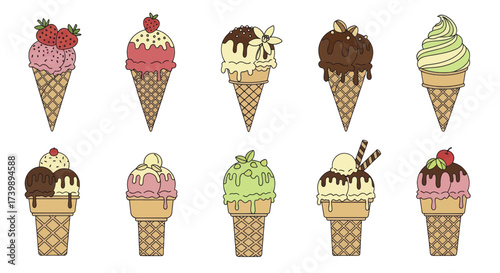 A collection of ten different illustrated ice cream cones.