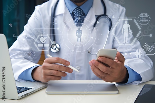 AI, healthcare doctor uses a mobile smartphone app to manage data and EHR for telemedicine and faster diagnostics, ensuring secure digital patient care and efficient clinical decisions.