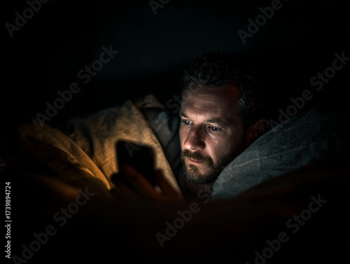 A man lying in bed at night, illuminated only by the soft glow of his phone screen, focused expression, texting in the dark, moody atmosphere, cinematic lighting, generated image