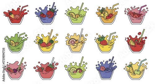 Collection of colorful fruit juice splash icons.
