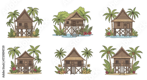 Set of tropical beach bungalows and overwater huts illustrations.