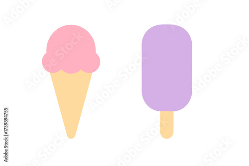Pink scoop ice cream cone and purple frozen dessert bar summer treats