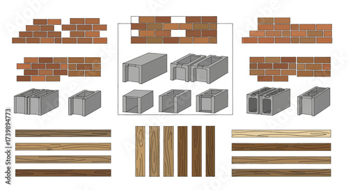 Building Materials Set with Brickwork Concrete Blocks and Wood Boards.
