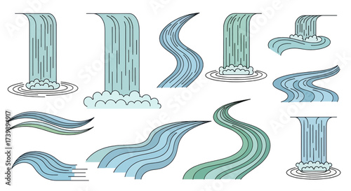 Set of stylized waterfalls and rivers vector illustrations.