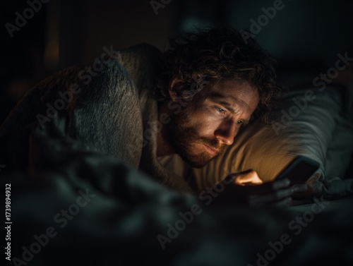 A man lying in bed at night, illuminated only by the soft glow of his phone screen, focused expression, texting in the dark, moody atmosphere, cinematic lighting, generated image