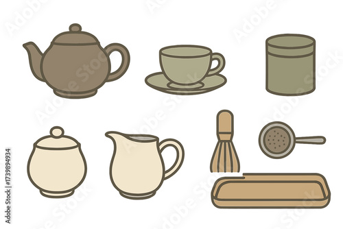 Traditional Japanese tea ceremony and matcha preparation tools and serving ware