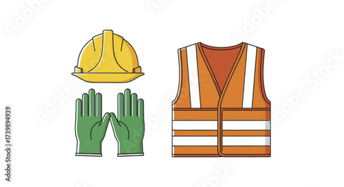 Worker safety equipment set with hard hat gloves and vest illustration.